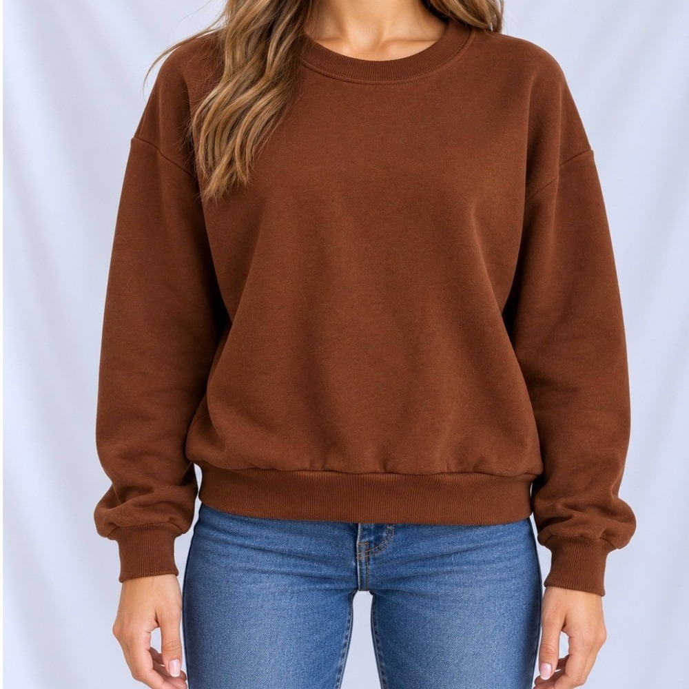SHEIN Sweatshirt XS Brown Good Crew Neck Drop Shoulder Fleece Pullover